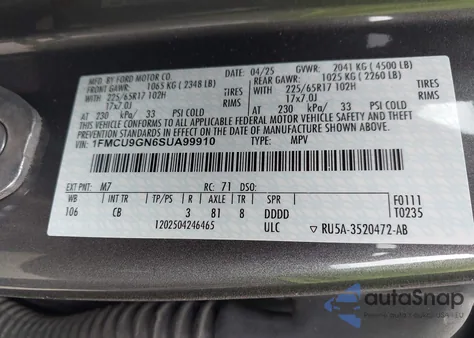 2025 Ford Escape Active из США, поврежденный, VIN 1FMCU9GN6SUA99910